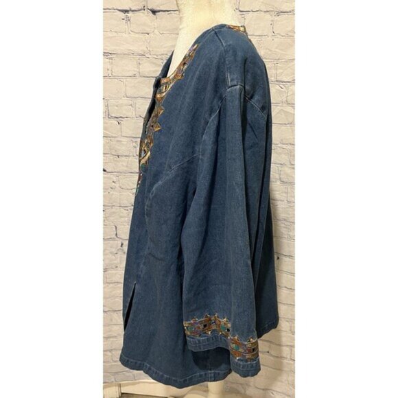 Bob Mackie Wearable Art Blue Embroidered Dream Catcher Button Up Jacket Plus  3X - Picture 3 of 8
